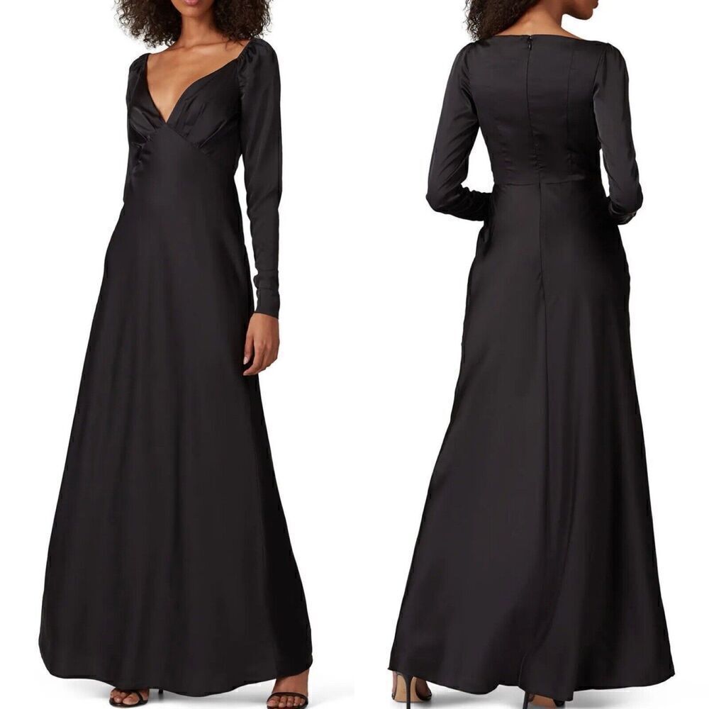KEEPSAKE Own It Gown Womens 6 Black Satin Long Sleeve V-Neck A-Line